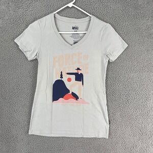 REI Co-op Force of Nature Graphic T-Shirt Womens XS Gray Excellent V-Neck Tee‎